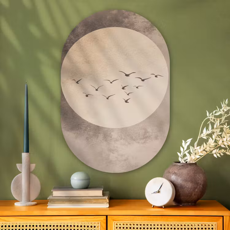 Vogel - Beige - Japandi Wandcirkel Ovaal Glas middel -sfeer2