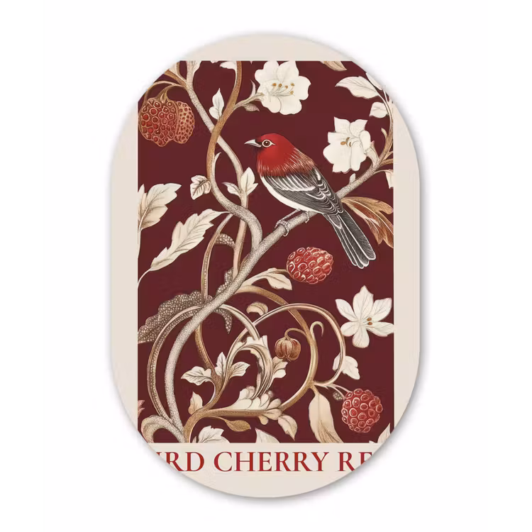 Vogel - Bordeaux - Bloemen - Bessen Wandcirkel Ovaal Glas middel -3d
