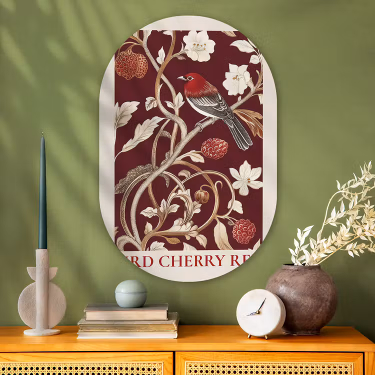 Vogel - Bordeaux - Bloemen - Bessen Wandcirkel Ovaal Glas middel -sfeer2