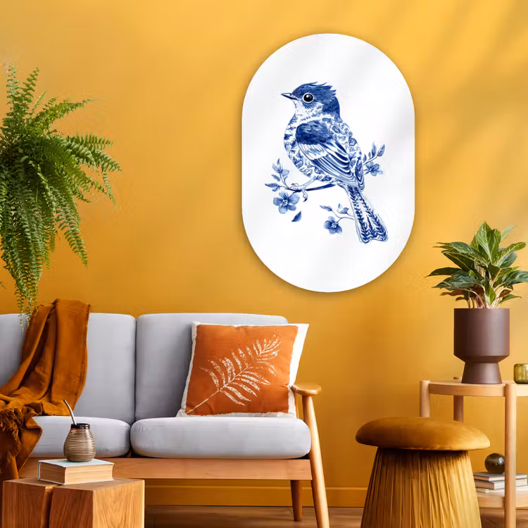 Vogel - Delfts blauw - Illustratie - Bloemen Wandcirkel Ovaal Glas middel -sfeer4