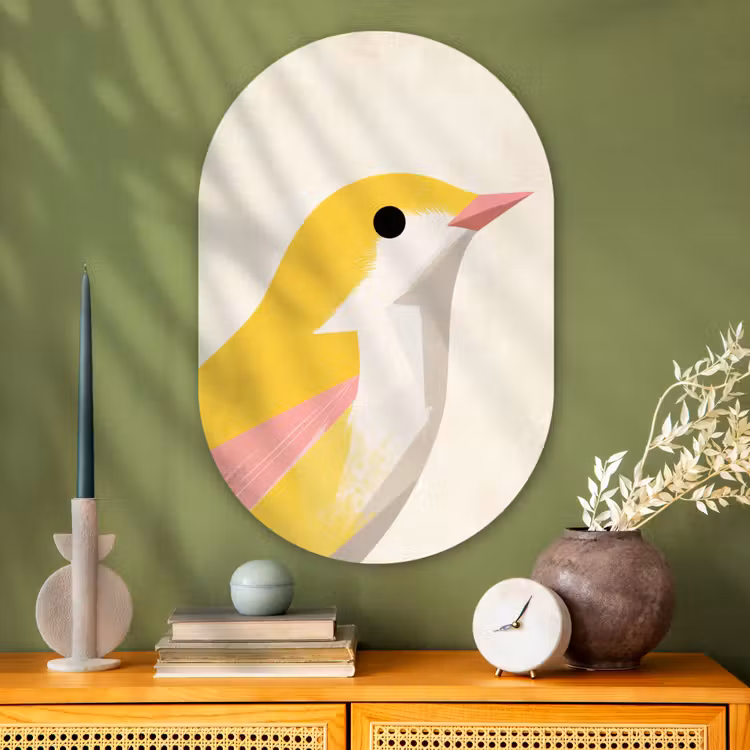 Vogel - Minimalistisch - Geel Wandcirkel Ovaal Glas middel -sfeer2