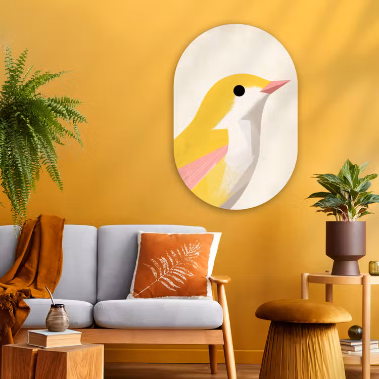 Vogel - Minimalistisch - Geel Wandcirkel Ovaal Glas middel -sfeer4
