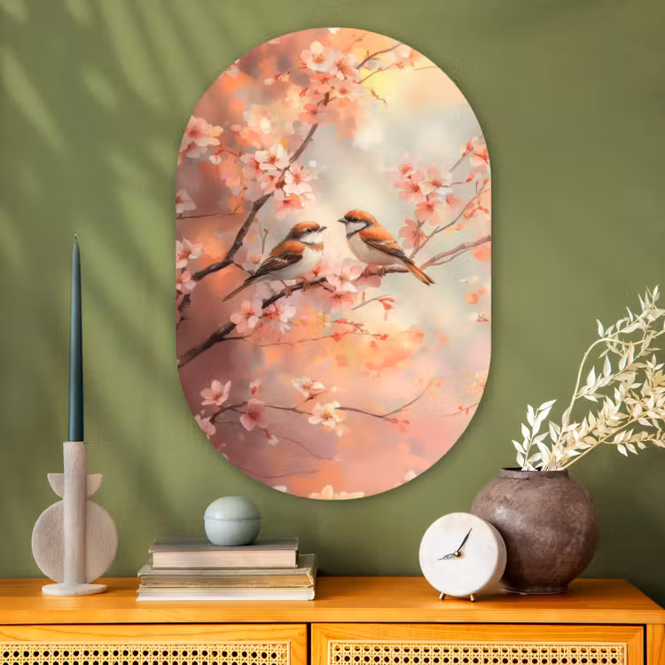 Vogels - Romantic - Bloesemtak Wandcirkel Ovaal Glas middel -sfeer2