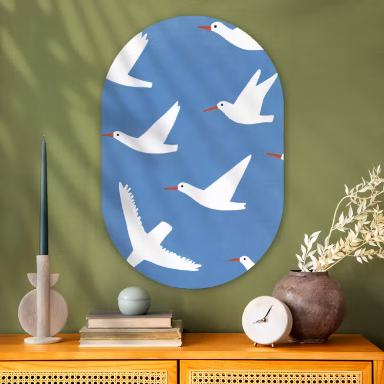 Vogels - Wit - Patroon Wandcirkel Ovaal Glas middel -sfeer2