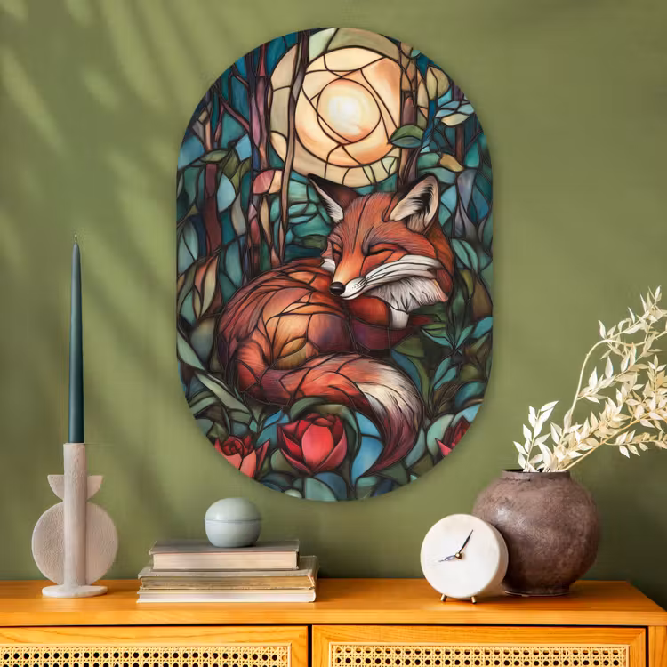 Vos - Mozaïek - Bos - Maan Wandcirkel Ovaal Glas middel -sfeer2