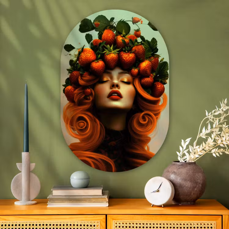 Vrouw - Aardbeien - Kroon Wandcirkel Ovaal Glas middel -sfeer2
