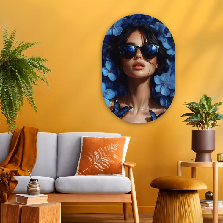 Vrouw - Blauw - Bloemen - Vlinders - Natuur Wandcirkel Ovaal Glas middel -sfeer4