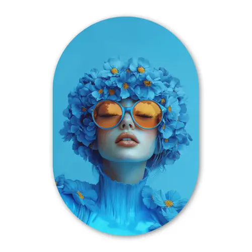 Vrouw - Bloem - Blauw - Modern - Bril - Portret Wandcirkel Ovaal Glas middel -3d