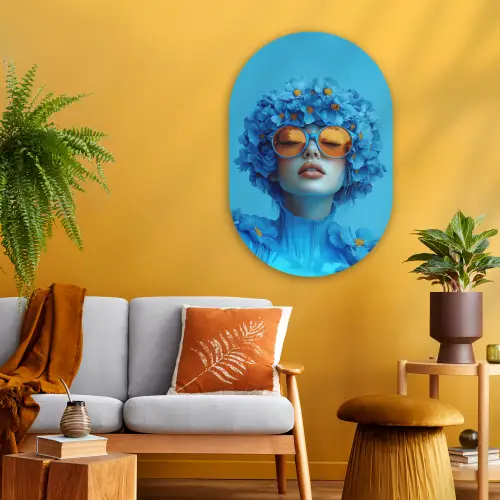Vrouw - Bloem - Blauw - Modern - Bril - Portret Wandcirkel Ovaal Glas middel -sfeer4