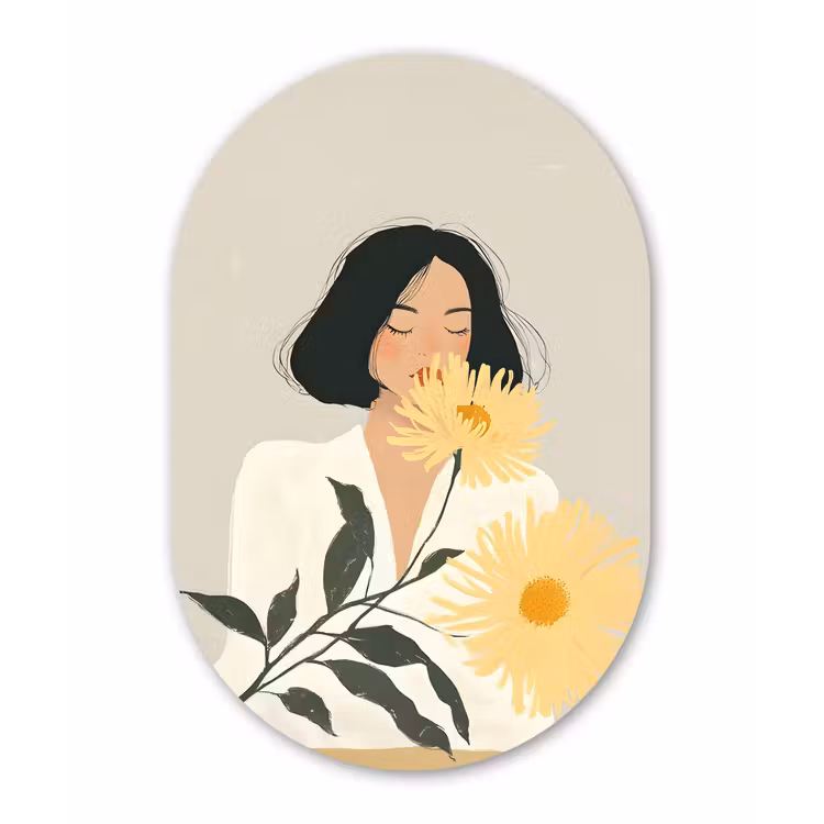 Vrouw - Bloem - Geel - Minimalistisch Wandcirkel Ovaal Glas middel -3d