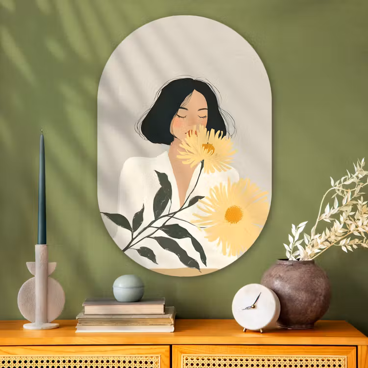 Vrouw - Bloem - Geel - Minimalistisch Wandcirkel Ovaal Glas middel -sfeer2