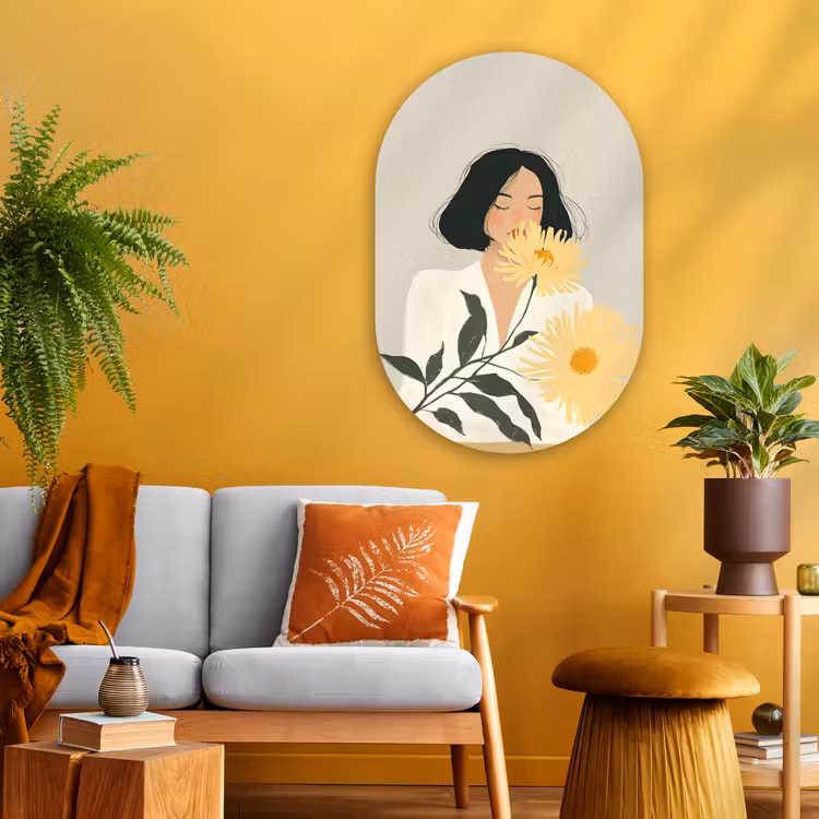 Vrouw - Bloem - Geel - Minimalistisch Wandcirkel Ovaal Glas middel -sfeer4