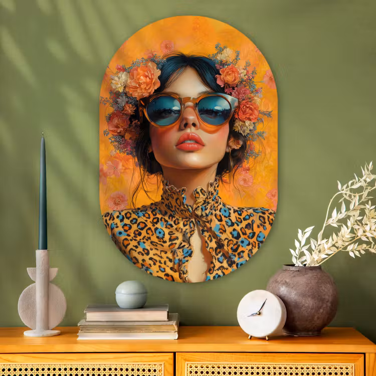 Vrouw - Bloemen - Aesthetic - Oranje Wandcirkel Ovaal Glas middel -sfeer2