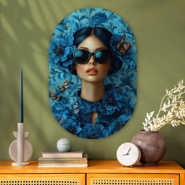 Vrouw - Bloemen - Vlinders - Blauw - Abstract Wandcirkel Ovaal Glas middel -sfeer2