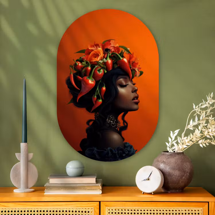 Vrouw - Chilipepers - Pepers - Bloemen Wandcirkel Ovaal Glas middel -sfeer2