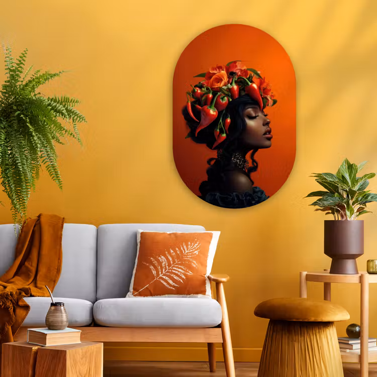 Vrouw - Chilipepers - Pepers - Bloemen Wandcirkel Ovaal Glas middel -sfeer4