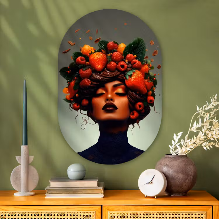 Vrouw - Chocolade - Frambozen - Aardbeien - Koekjes Wandcirkel Ovaal Glas middel -sfeer2