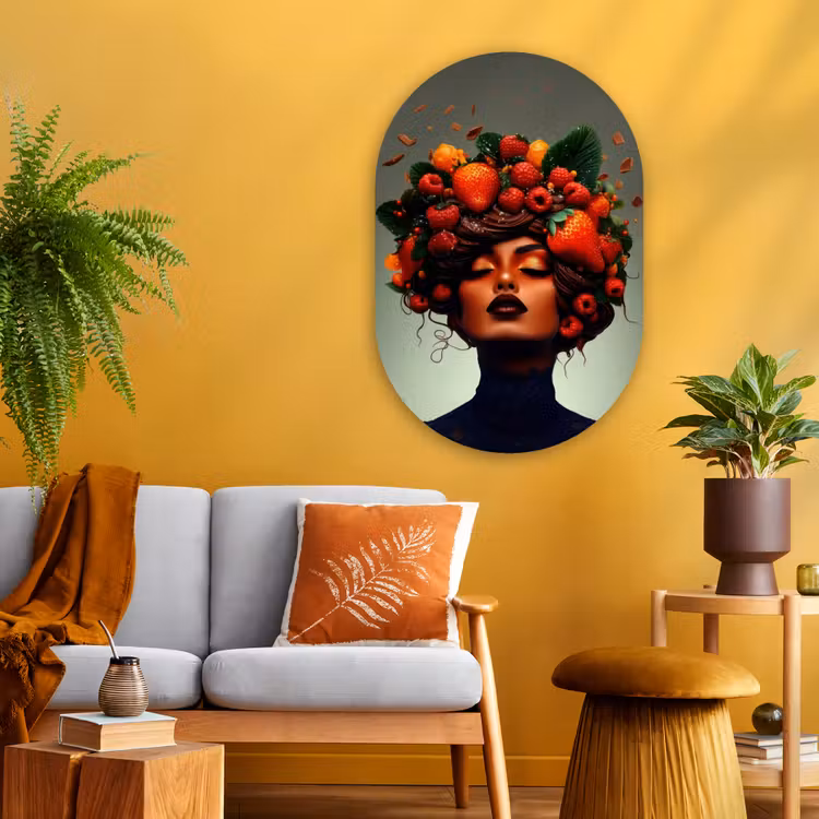 Vrouw - Chocolade - Frambozen - Aardbeien - Koekjes Wandcirkel Ovaal Glas middel -sfeer4