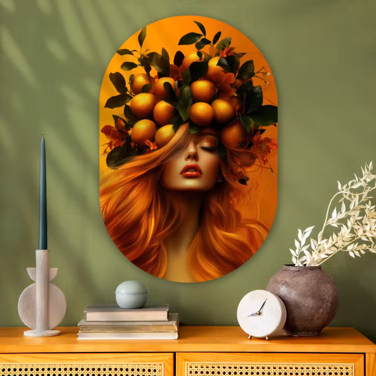 Vrouw - Citroenen - Bloesem - Geel Wandcirkel Ovaal Glas middel -sfeer2