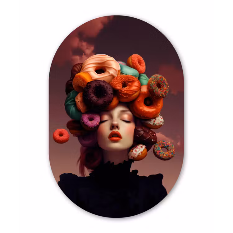 Vrouw - Donuts - Kleurrijk Wandcirkel Ovaal Glas middel -3d