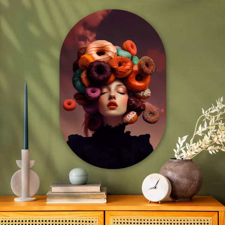 Vrouw - Donuts - Kleurrijk Wandcirkel Ovaal Glas middel -sfeer2