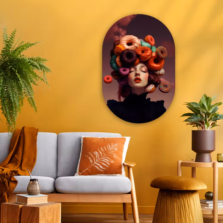 Vrouw - Donuts - Kleurrijk Wandcirkel Ovaal Glas middel -sfeer4
