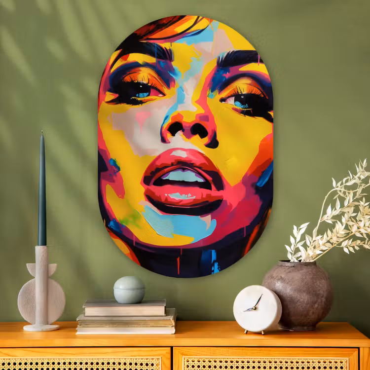 Vrouw - Gezicht - Kleurrijk Wandcirkel Ovaal Glas middel -sfeer2