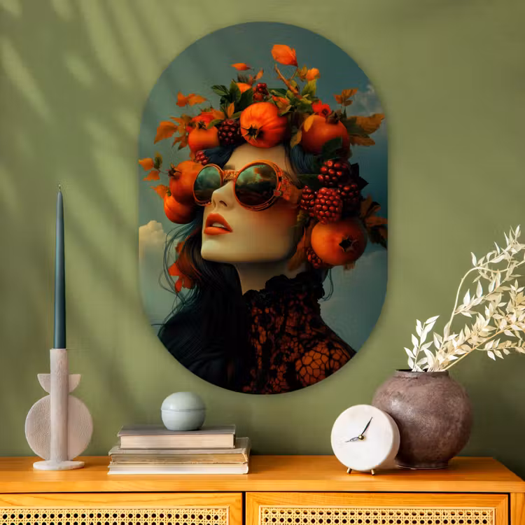 Vrouw - Granaatappel - Herfst - Zonnebril Wandcirkel Ovaal Glas middel -sfeer2