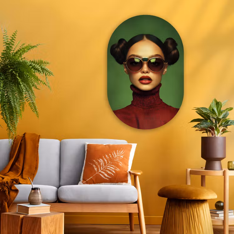 Vrouw - Groen - Bril - Aesthetic - Modern Wandcirkel Ovaal Glas middel -sfeer4