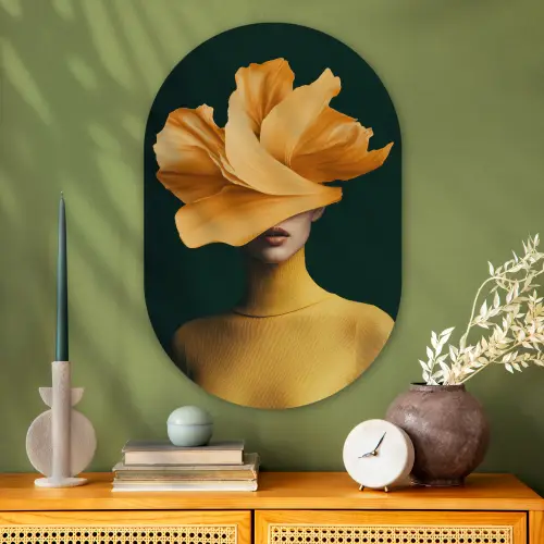 Vrouw - Hoed - Geel Wandcirkel Ovaal Glas middel -sfeer2