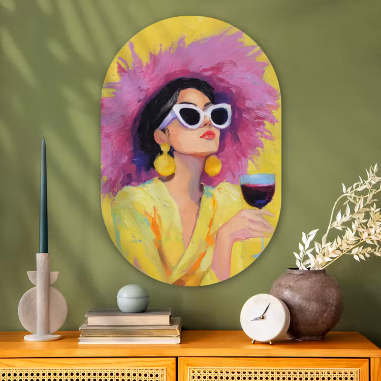 Vrouw - Hoed - Paars - Wijn Wandcirkel Ovaal Glas middel -sfeer2