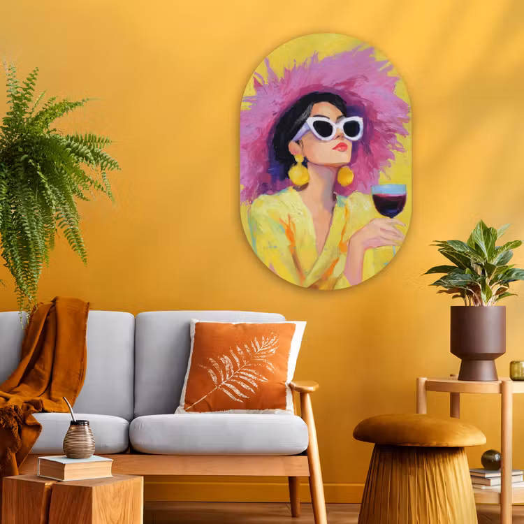 Vrouw - Hoed - Paars - Wijn Wandcirkel Ovaal Glas middel -sfeer4