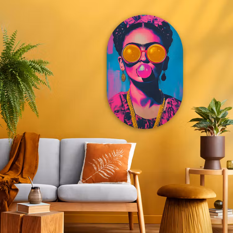 Vrouw - Kauwgom - Zonnebril - Oranje Wandcirkel Ovaal Glas middel -sfeer4