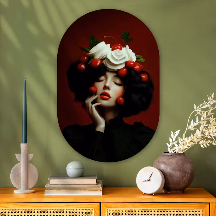 Vrouw - Kersen - Slagroom Wandcirkel Ovaal Glas middel -sfeer2