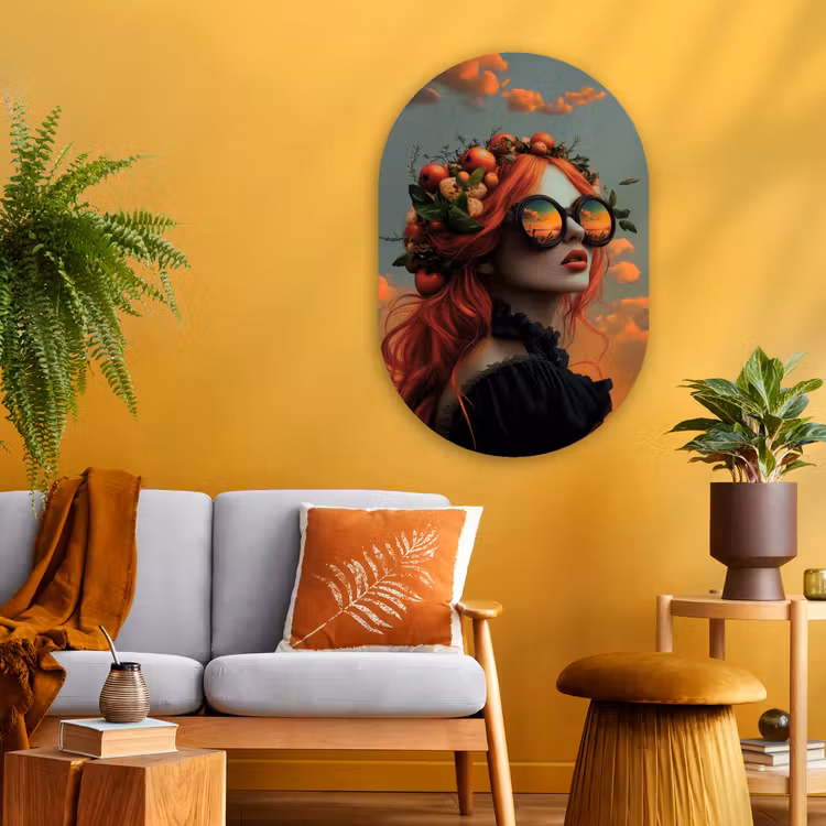 Vrouw - Kroon - Tomaat - Bascilicum - Zonnebril Wandcirkel Ovaal Glas middel -sfeer4