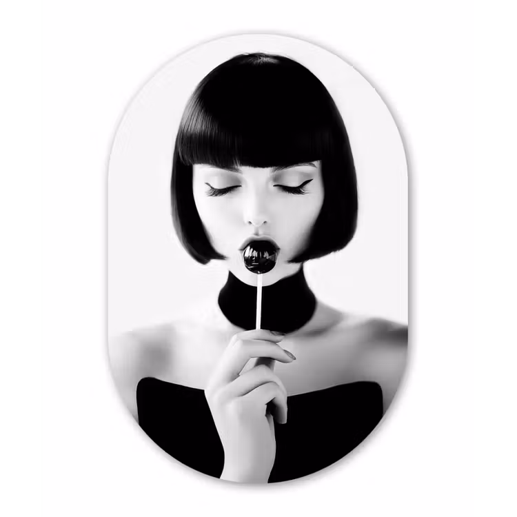 Vrouw - Lolly - Zwart - Wit Wandcirkel Ovaal Glas middel -3d