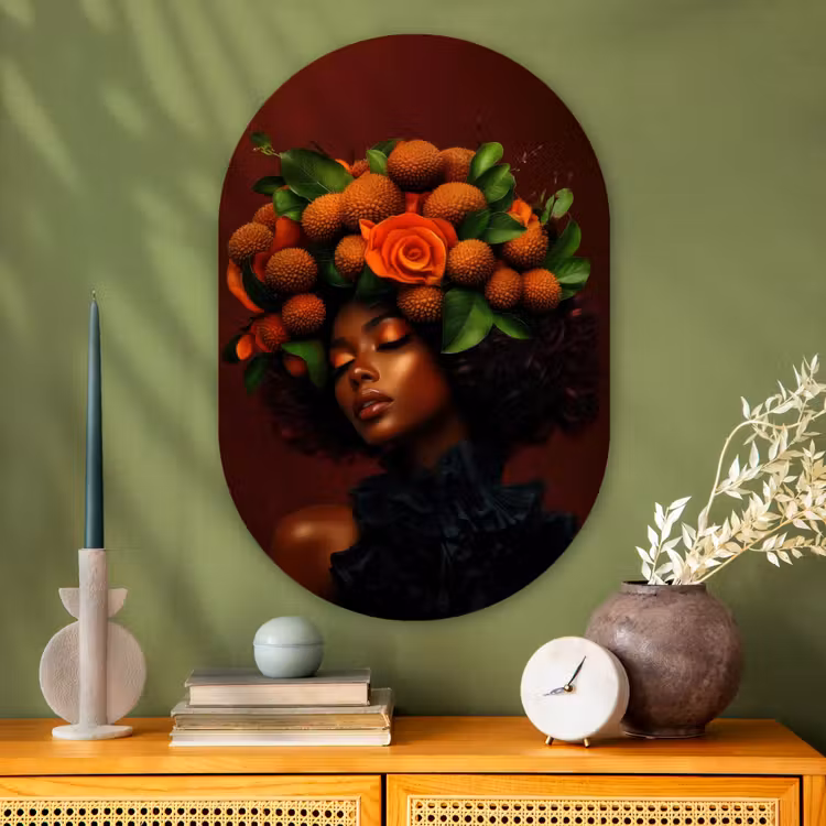 Vrouw - lychee - exotisch Wandcirkel Ovaal Glas middel -sfeer2