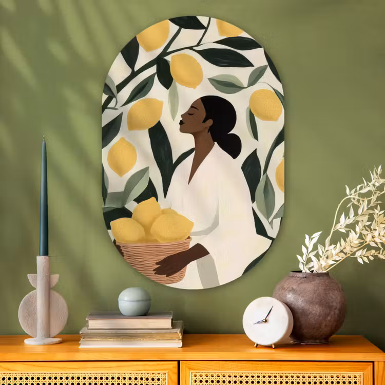 Vrouw - Mand - Citroenen - Bladeren Wandcirkel Ovaal Glas middel -sfeer2