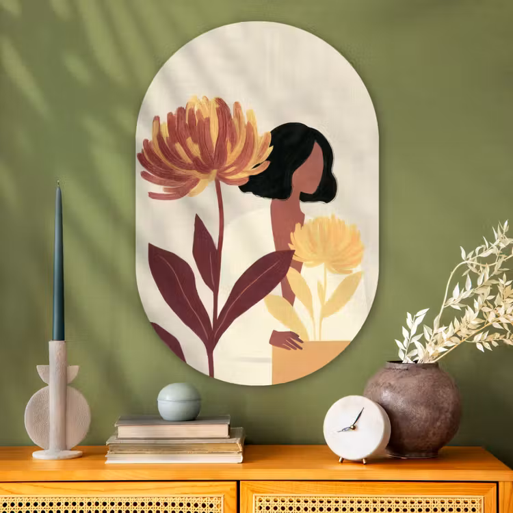 Vrouw - Minimalistisch - Bloem Wandcirkel Ovaal Glas middel -sfeer2