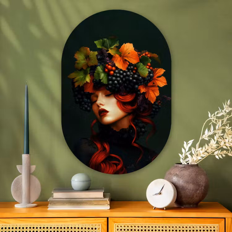 Vrouw - Rood - Groen - Druiven Wandcirkel Ovaal Glas middel -sfeer2
