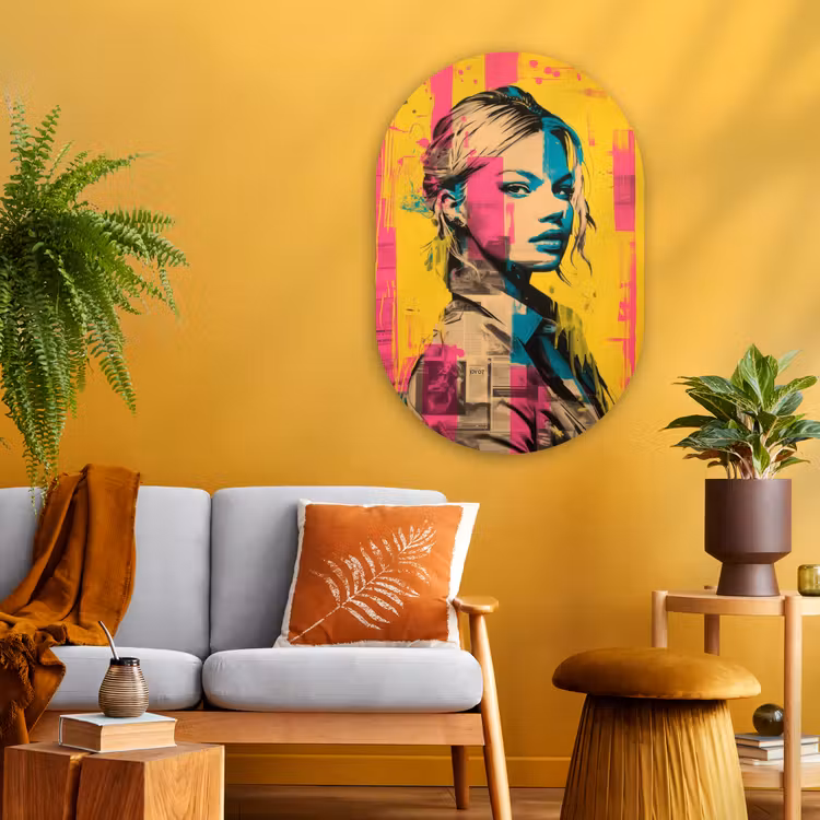 Vrouw - Verfstrepen - Gekleurd Wandcirkel Ovaal Glas middel -sfeer4