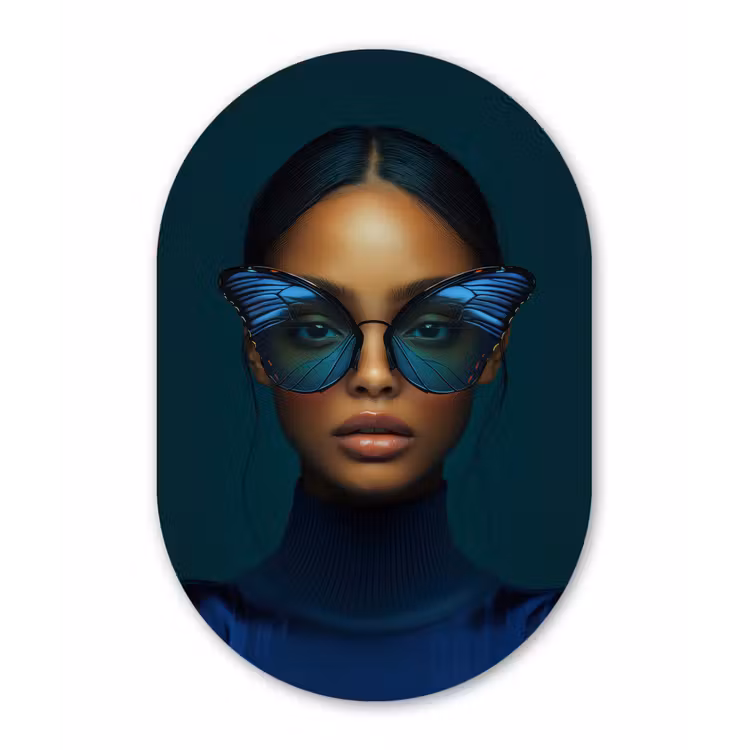 Vrouw - Vlinder - Bril - Blauw - Modern - Portret Wandcirkel Ovaal Glas middel -3d