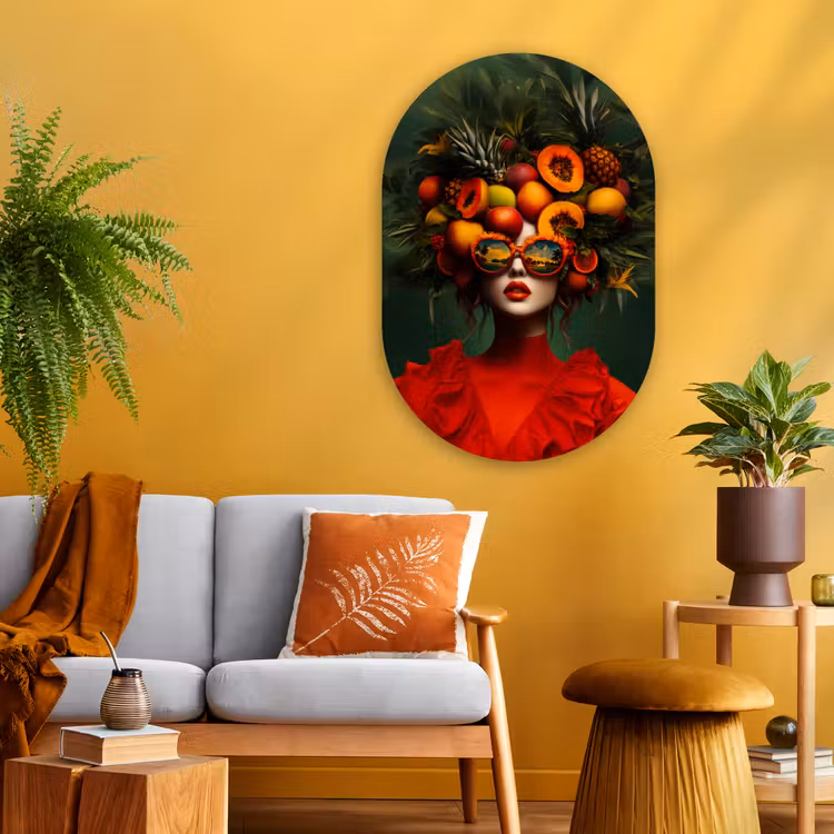 Vrouw - Vruchten - Papaja - Ananas Wandcirkel Ovaal Glas middel -sfeer4