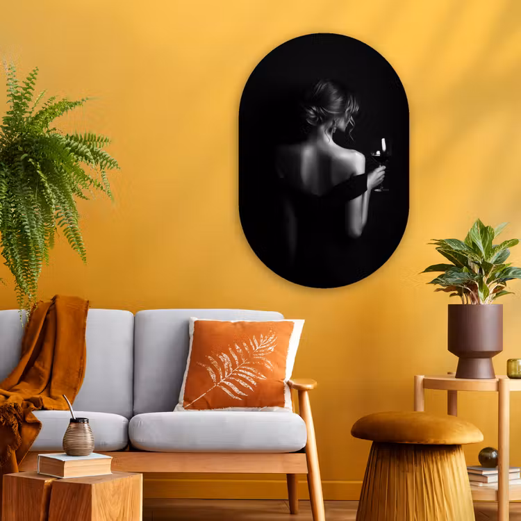 Vrouw - Wijn - Jurk Wandcirkel Ovaal Glas middel -sfeer4
