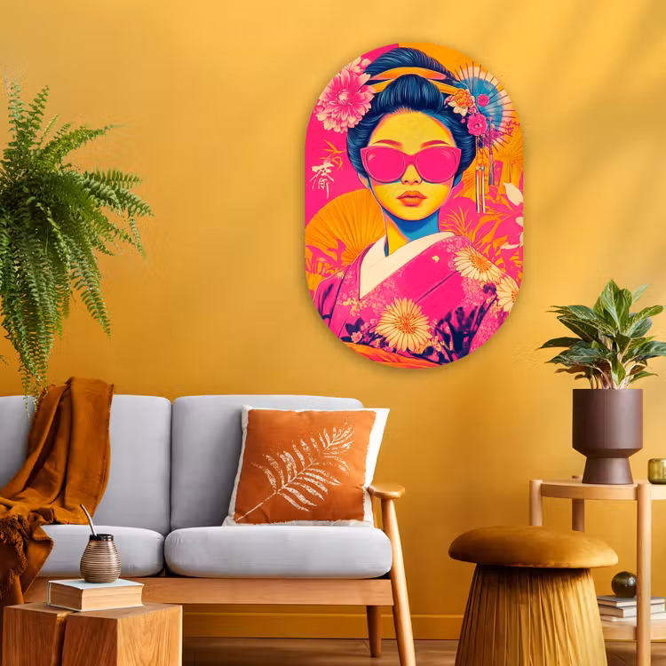 Vrouw - Zonnebril - Abstract - Oranje Wandcirkel Ovaal Glas middel -sfeer4