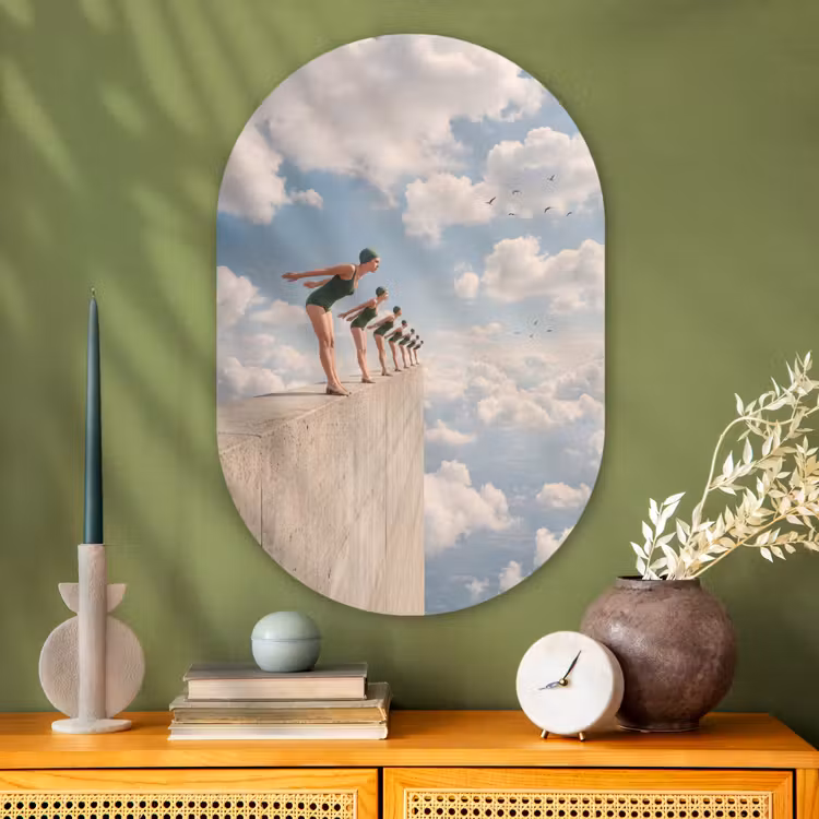Muurovaal glas - Vrouwen - Duikhouding - Wolken - Vrouwen - Duikhouding - Wolken Wandcirkel Ovaal Glas middel
