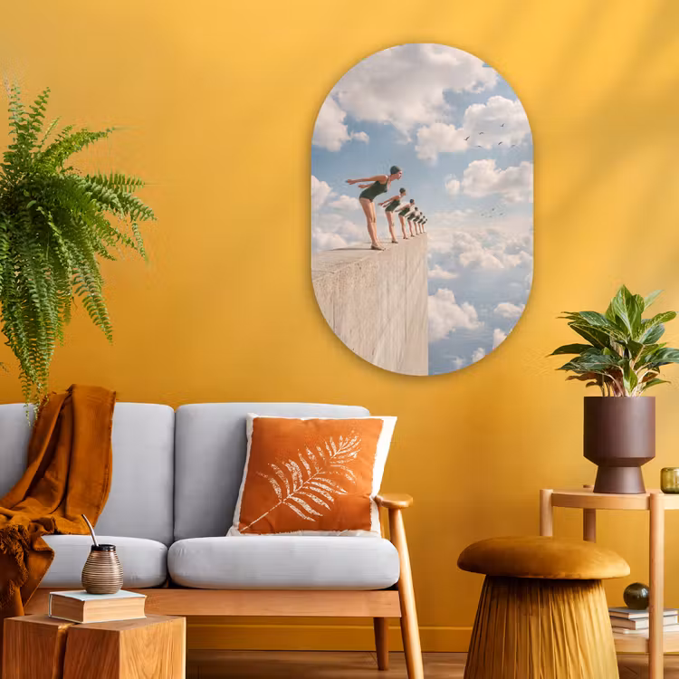Muurovaal glas - Vrouwen - Duikhouding - Wolken - Vrouwen - Duikhouding - Wolken Wandcirkel Ovaal Glas middel