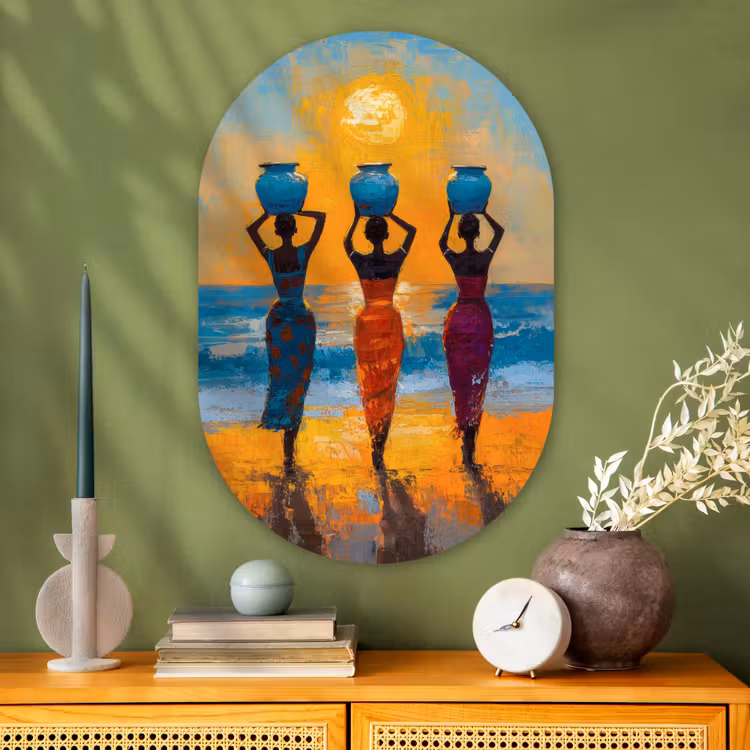 Vrouwen - Strand - Zondsondergang Wandcirkel Ovaal Glas middel -sfeer2