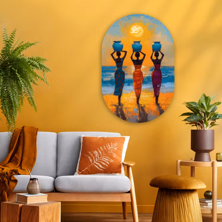Vrouwen - Strand - Zondsondergang Wandcirkel Ovaal Glas middel -sfeer4
