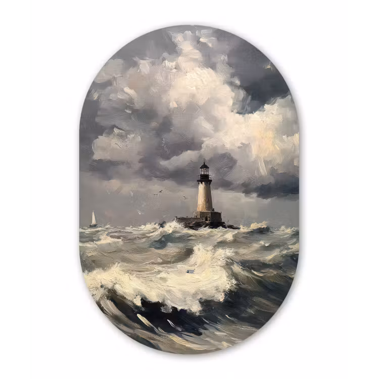 Vuurtoren - Golven - Storm Wandcirkel Ovaal Glas middel -3d